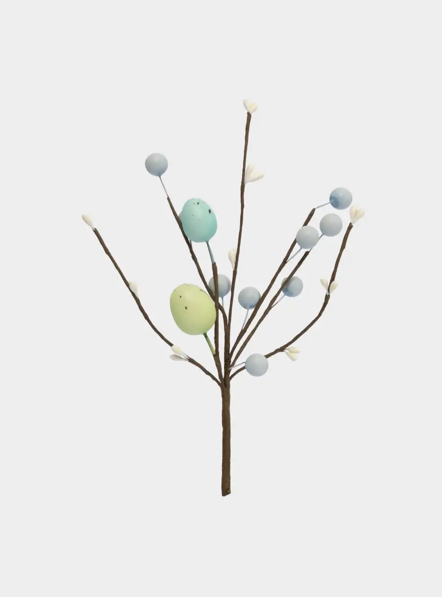 Ветка декоративная, 20 см, пенопласт/бумага, Ветка с зелеными яйцами, Interior Easter