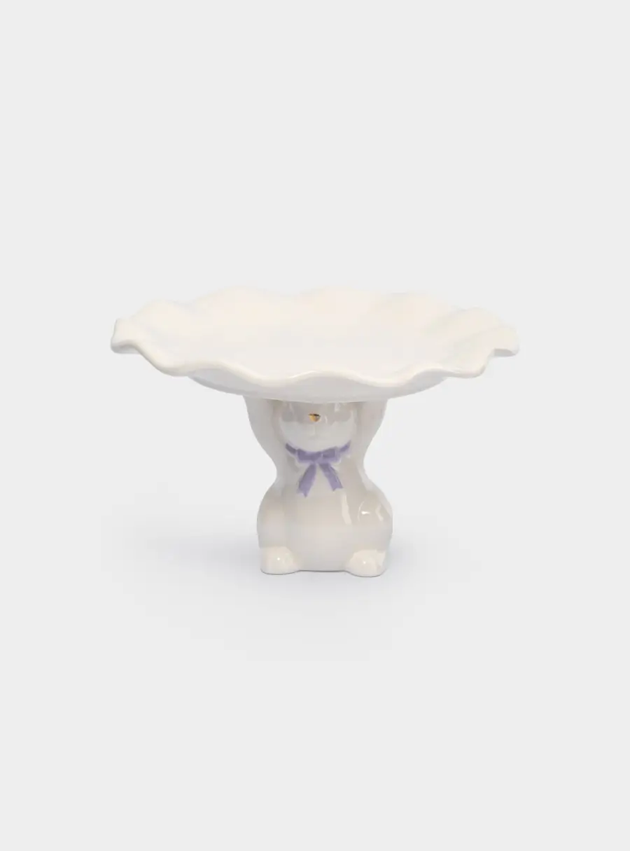 Блюдо на ножке, 19х12 см, керамика, молочно-золотистое, Кролик с бантом, White Rabbit