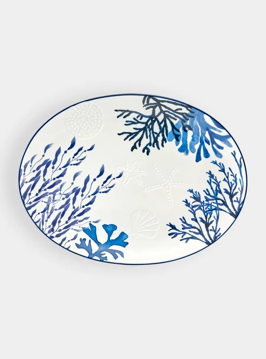 Блюдо, 40х30 см, керамика К, белое, овальное, Синие кораллы, Blue Coral