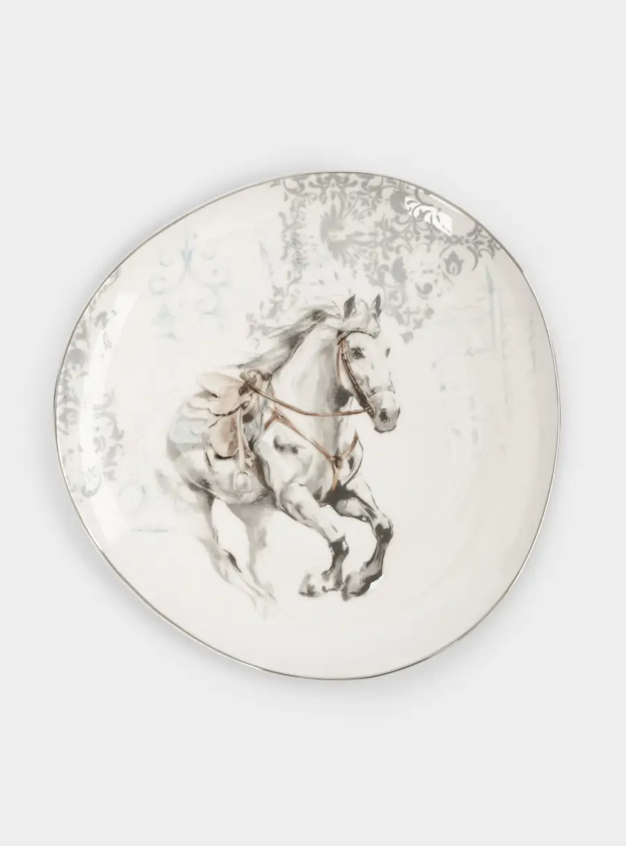 Тарелка закусочная, 21 см, фарфор N, белая, с серебристым кантом, Конь, White horse