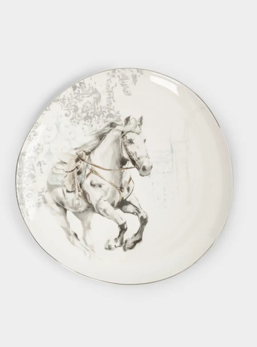 Тарелка обеденная, 28 см, фарфор N, белая, с серебристым кантом, Конь, White horse