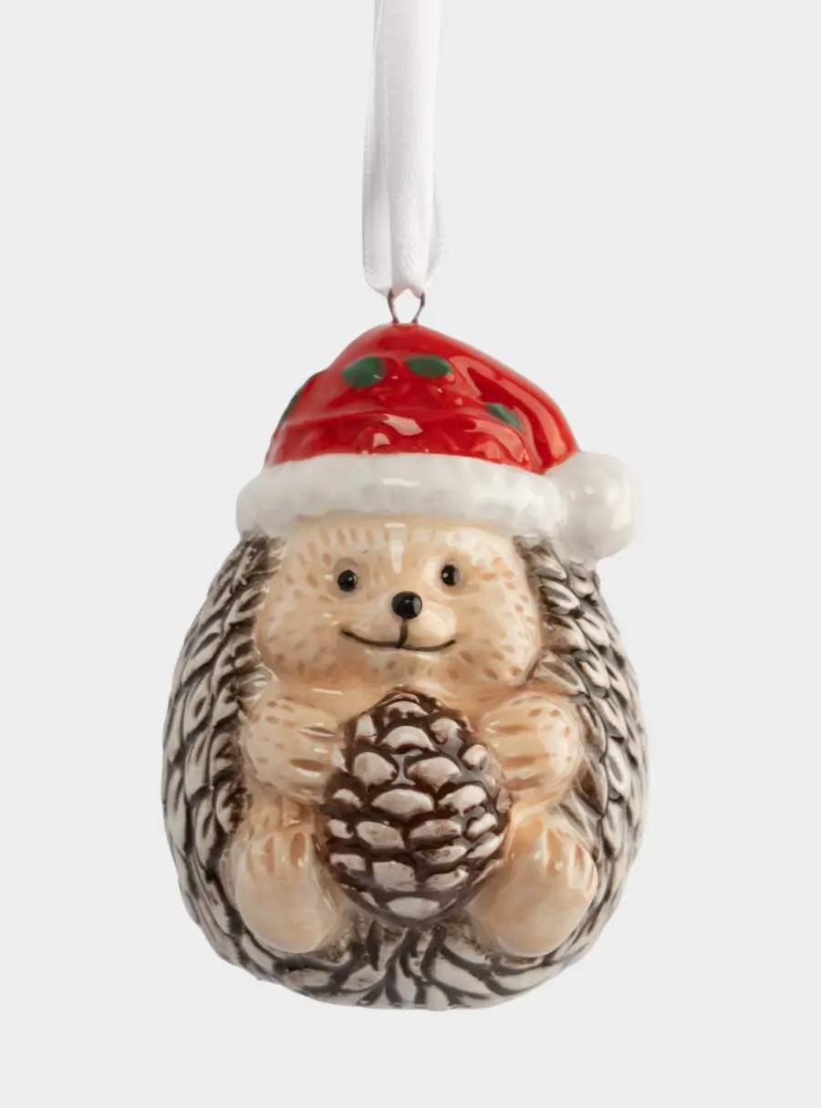 Игрушка елочная, 8 см, керамика D, коричневая, Еж с шишкой, New year