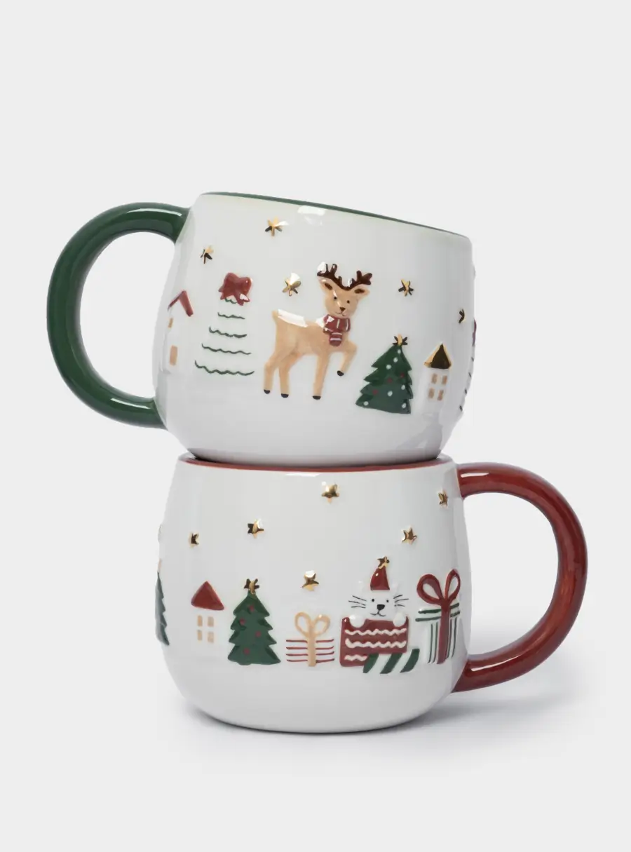 Кружка, 400 мл, 2 шт, керамика D, зеленая/красная, Олень и Кот, New year