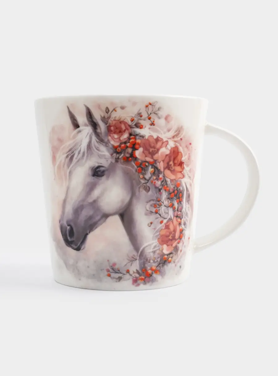 Кружка, 450 мл, фарфор F, белая, Лошадь с цветами, Horse 1
