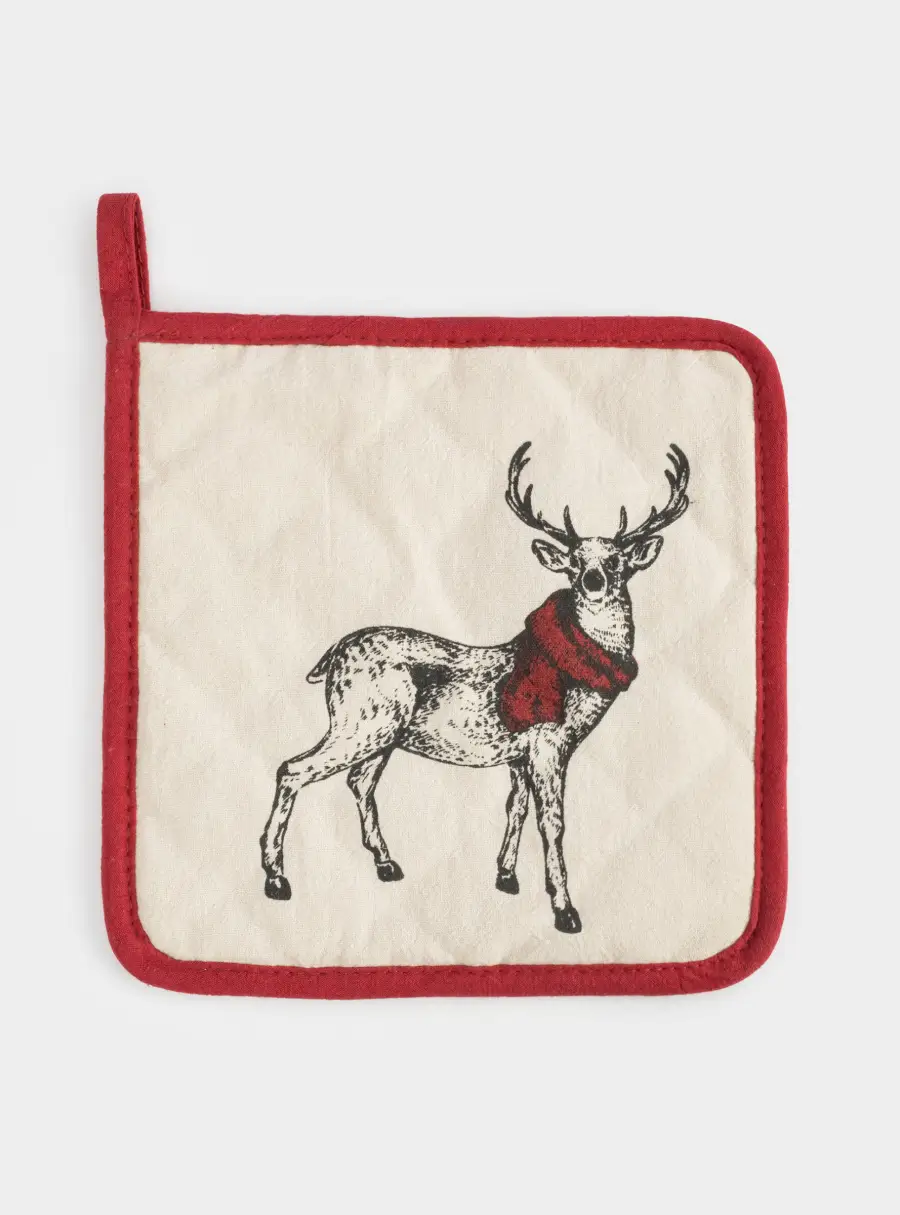 Прихватка, 20x20 см, хлопок, серо-бежевая, Олень в шарфе, Deer 1
