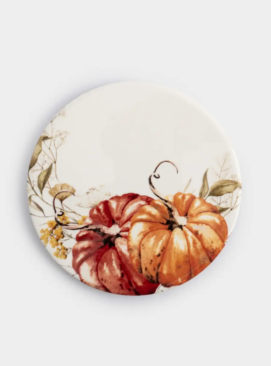Подставка под кружку, 11 см, круглая, керамика/пробка, белая, Тыквы, Light pumpkin 1