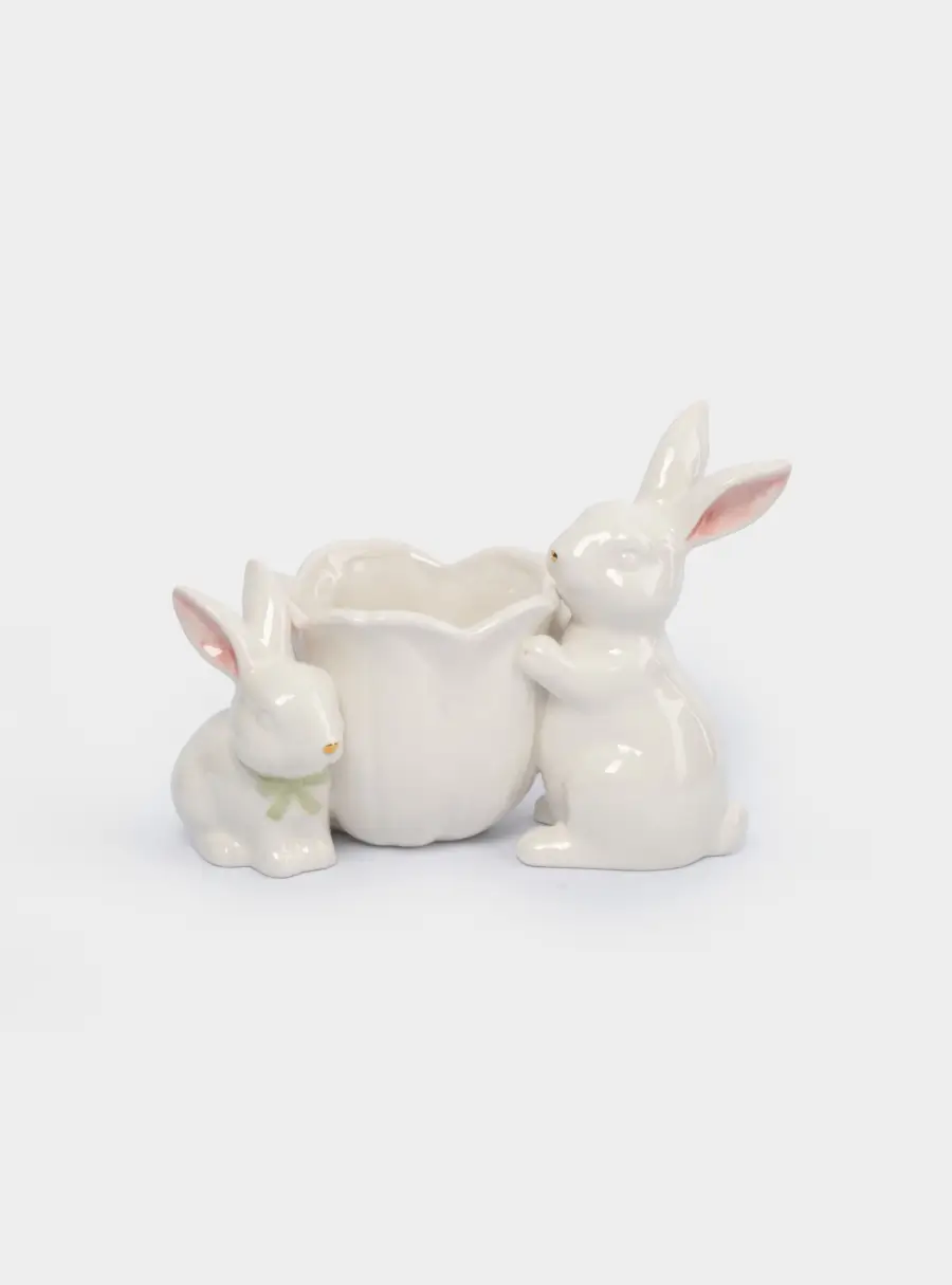 Конфетница, 19х15 см, керамика, молочно-золотистая, Кролики с цветком, White Rabbit 1