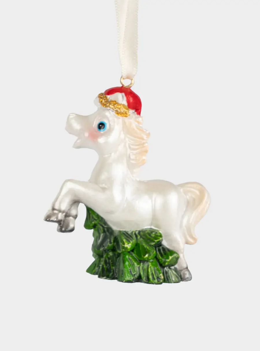 Игрушка елочная, 7 см, полирезин, бело-зеленая, Лошадка с елкой, Bright horse 1
