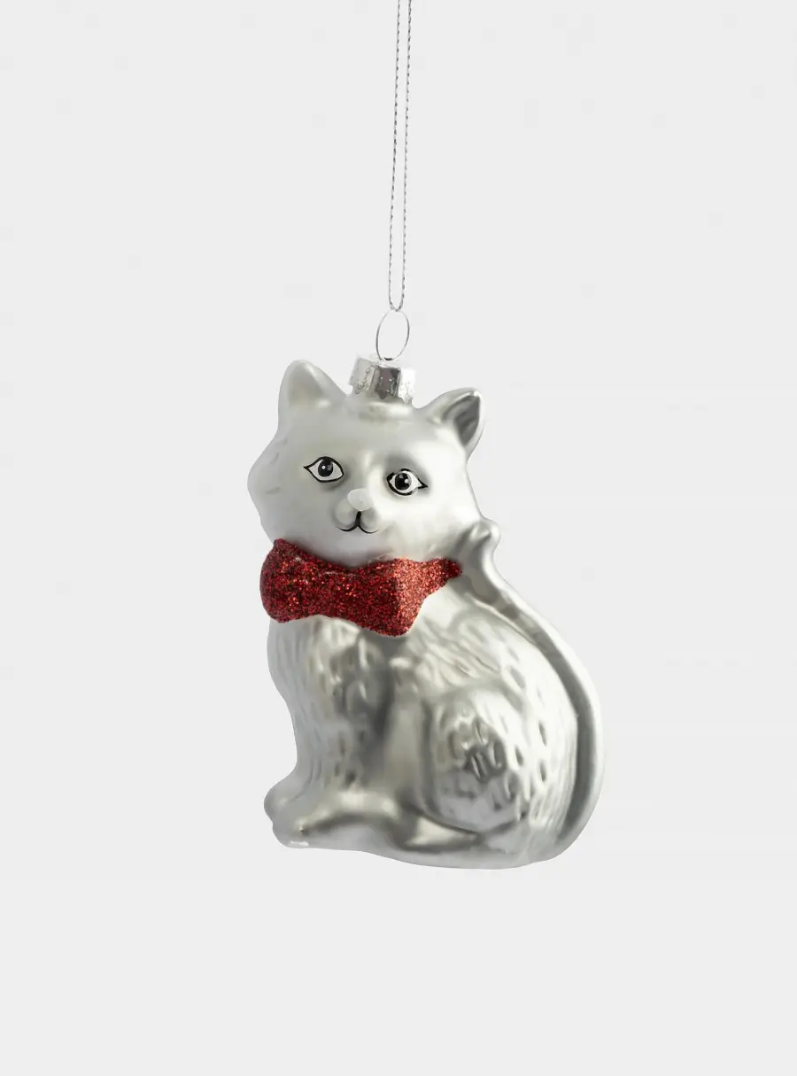 Игрушка елочная, 7х9 см, стекло, серебристая, Кошка, New year 1